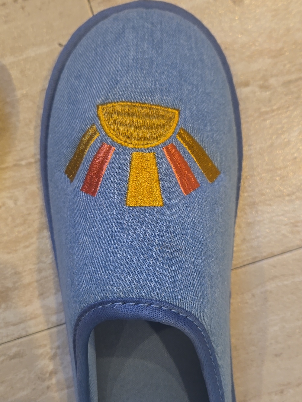 Rae Dunn "Rise and Shine" Denim Blue Slippers - Picture 9 of 11